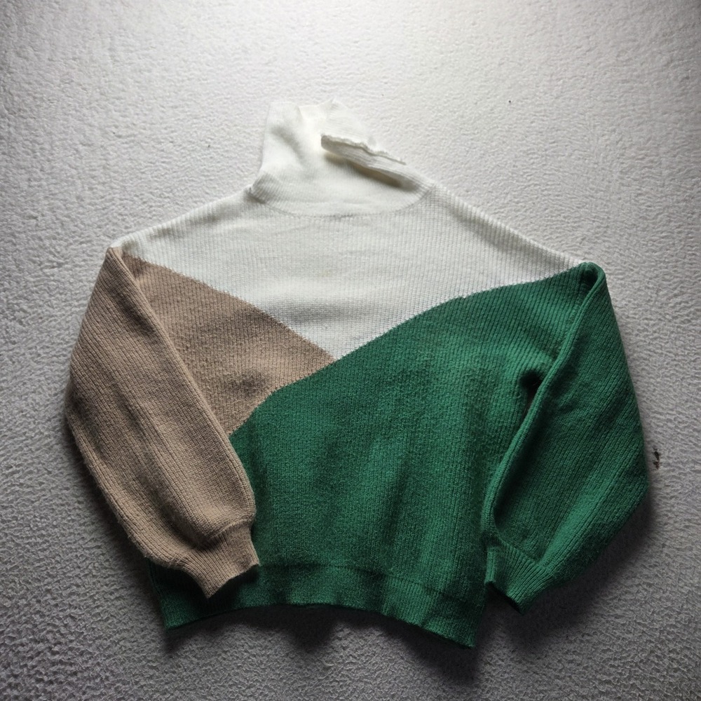 Miracle Sweater Womens M/L Green White Tan Turtleneck Long Sleeve Knit Pullover